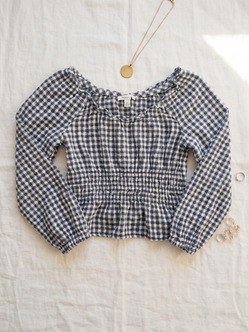 Madewell Blue and White Gingham Smocked Peasant Blouse